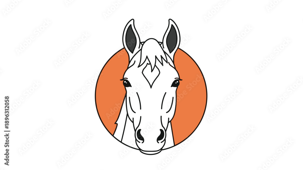 Fototapeta premium Portrait of a white horse head framed within a bright orange circle shown in a clean minimalist line art style for animal lovers.