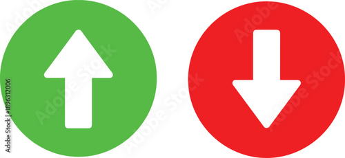 Up and down arrow buttons in green and red circles representing increase and decrease, upload and download, navigation, direction, and decision concept on white background