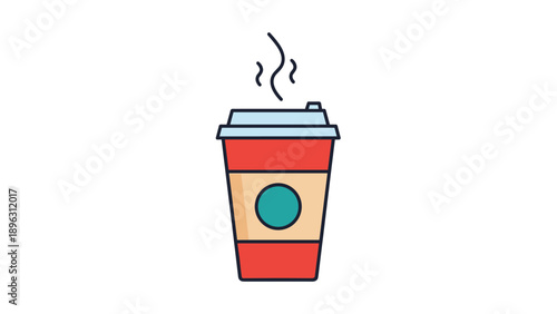 Takeaway coffee cup icon in red and tan colors with a teal logo and steam rising from the lid for cafe and breakfast concepts.