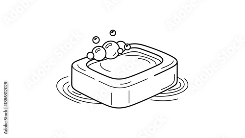 Bar of soap resting in a dish with rising bubbles and water ripples shown in a simple black and white line drawing for hygiene.