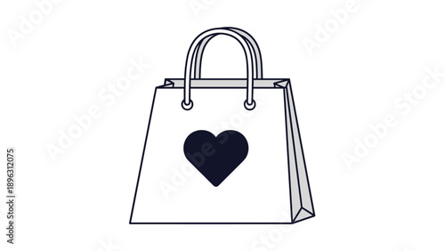Simple vector illustration of a white paper shopping bag with sturdy handles and a black heart symbol in the center.