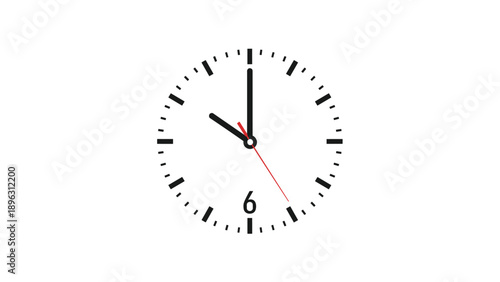 Simple black and white analog clock face with hands indicating the exact time and a red second hand for precision.