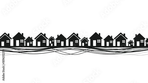 Black silhouette of a long row of houses with varying sizes and styles representing a neighborhood or community.