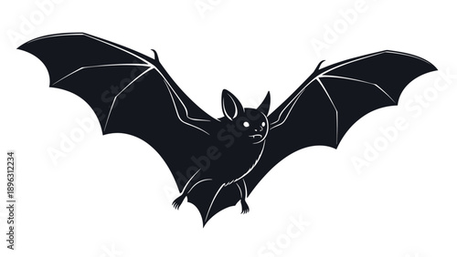Detailed black silhouette of a bat with its wings spread wide, perfect for spooky Halloween or nature themes.