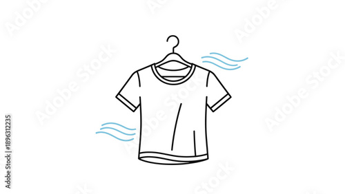 Simple line art illustration of a white t-shirt hanging on a clothes hanger with soft breeze lines for freshness.