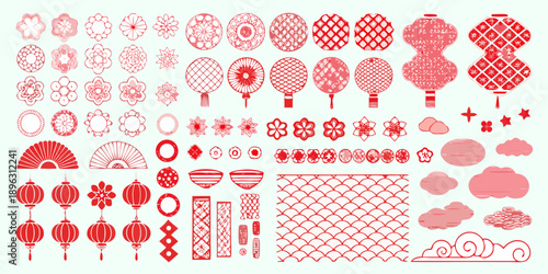 Collection of red decorative elements and traditional chinese patterns