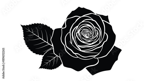 Detailed black silhouette of a beautiful rose flower with its leaves, featuring white outlines for depth and texture.