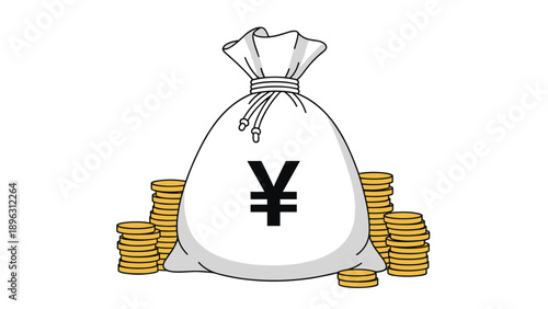 Colorful vector illustration of a white money bag with a Japanese yen symbol surrounded by stacks of gold coins.