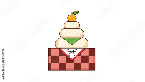 Colorful illustration of Kagamimochi, a traditional Japanese New Year decoration consisting of rice cakes and orange.