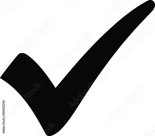 Black check mark icon representing approval, confirmation, correct selection, validation success, acceptance status, and simple verification symbol on white background