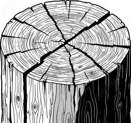 Black and white illustration of a tree stump cross section showing growth rings and cracks. Suitable for nature themes, forestry concepts, wood texture backgrounds, and educational or design projects.