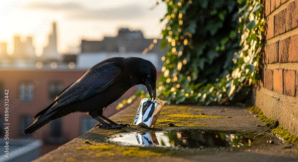 custom made wallpaper toronto digitalBlack crow on rooftop examining a small object under warm sunlight