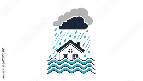 Flat icon of a small house being flooded by heavy rain falling from dark storm clouds, representing natural disasters and weather.