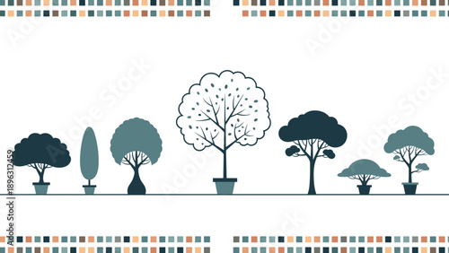 Horizontal row of various tree silhouettes in different shades of green, showing a range of leaf shapes and growth patterns.