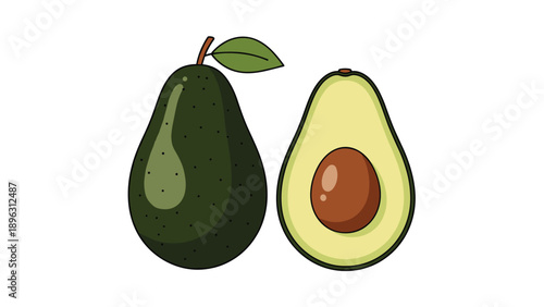 Botanical illustration of a whole avocado and a sliced half showing the large brown pit inside, representing healthy eating.