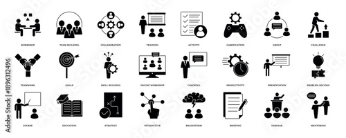 Workshop icon set. Containing team building, collaboration, teamwork, coaching, problem solving, education, strategy and education icons. Solid icon collection. eps 10