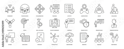 Workshop icon set. Containing team building, collaboration, teamwork, coaching, problem solving, education, strategy and education icons. Solid icon collection. eps 10