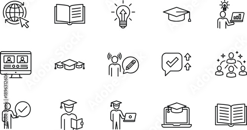 Education and online learning line icons set with study knowledge graduation training communication vector illustration outline