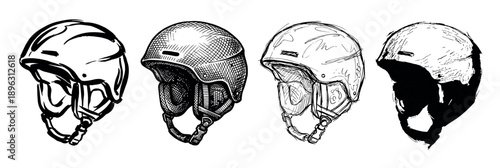 Four black and white ski helmets illustrated in a variety of hand-drawn sketch styles, showcasing different ink techniques like cross-hatching, bold lines, and rough textures