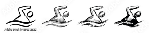 Four hand-drawn swimming sport icons in a sketchy style showing a swimmer doing the front crawl stroke, with variations in line art, cross-hatching, and ink wash
