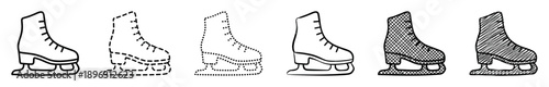 Set of six black ice skate icons displays various hand-drawn styles including solid line, dashed, dotted, cross-hatch, and scribble for winter sports and recreation concepts