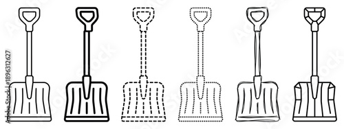 Set of six black line art snow shovels presented in various icon styles, including simple outline, dashed, dotted, and hand-drawn sketch for winter cleaning concepts