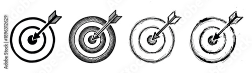 Four hand-drawn black target and arrow icons in a collection of different artistic styles, including clean line art, crosshatch shading, rough sketch, and ink brush stroke