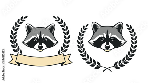 Mascot set featuring a raccoon head inside a laurel wreath with a blank banner for custom text or brand logo design elements.
