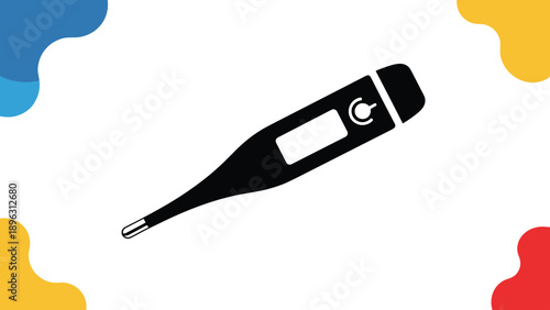 Modern digital thermometer silhouette shown on a white background with colorful abstract shapes in the corners for medical use.