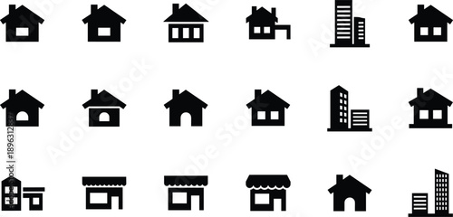 House and building silhouette icons set with home shop city real estate property symbols vector illustration