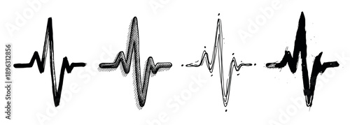 Four hand-drawn heartbeat pulse line illustrations in various artistic styles, including brush stroke, hatching, doodle, and grunge ink splatter for medical and health concepts