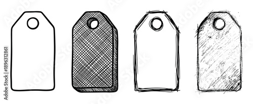 Set of four hand-drawn price tags in various sketch styles, including clean outline, crosshatch shading, rough doodle, and distressed grunge texture for retail concepts