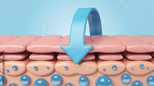 A 3D medical illustration showing a cross-sectional view of skin layers with water droplets (3)_traced