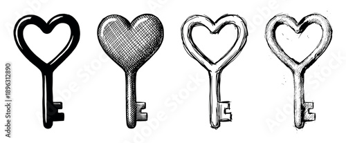 Four hand-drawn heart-shaped keys in various artistic styles, including silhouette, cross-hatching, and rough sketch, symbolizing love, romance, and unlocking secrets