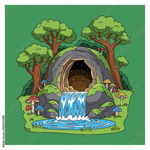 Illustrated Fantasy Cave Entrance with Cascading Waterfall, Pond, Trees, and Colorful Toadstools on Green Background