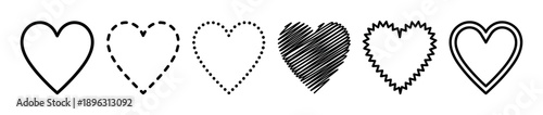 Set of six black hand-drawn heart icons in various styles including solid, dashed, dotted, scribbled, zigzag, and double outline for romantic design elements