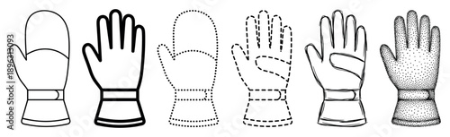 Set of black and white glove and mitten illustrations showing various artistic styles, including clean line art, dotted outlines, dashed lines, hand-drawn sketch, and stippling