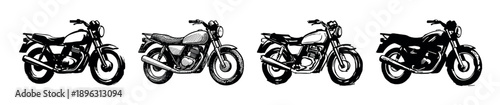Set of four classic motorcycle illustrations in a hand-drawn black and white ink sketch style, showcasing different vintage motorbike designs from a side view perspective