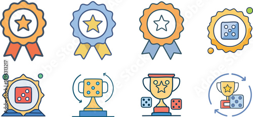Awards, Ribbons, Dice Trophies and Celebration Icons for Achievements, Competition, and Success