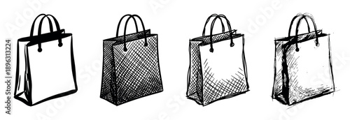 Collection of four paper shopping bags rendered in a black and white hand-drawn ink sketch style with expressive line art and various cross-hatching shading details