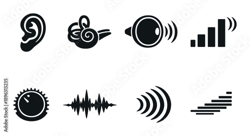Audio icons with sound waves and volume controls in dark design