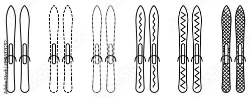 Set of six pairs of skis icons with different line styles and patterns, including solid, dashed, dotted, zigzag, wavy, and crosshatch designs for winter sports concepts