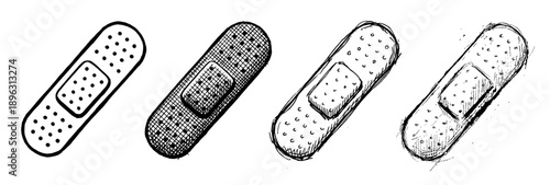 Four adhesive bandages in a row showing a stylistic progression from a simple icon to a detailed hand-drawn sketch, illustrating medical care and first aid concepts