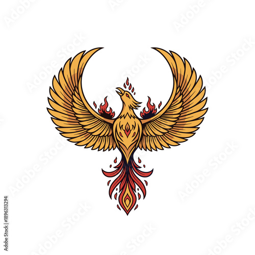 Golden Phoenix with Fiery Wings and Tail Illustration, Mythical Bird of Rebirth, Strength, and Eternity