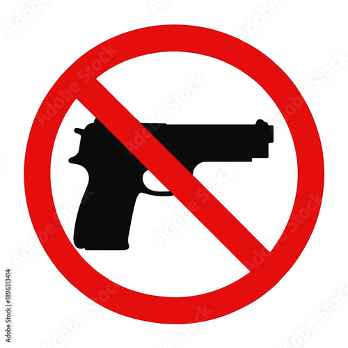 Gun prohibition sign with red circle and line through handgun icon on white background