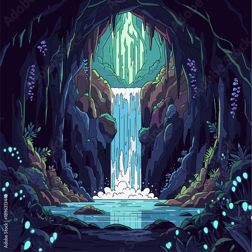 Vibrant Pixel Art Fantasy Cave with Magical Waterfall and Glowing Flora; Enchanting Underground Grotto Illustration