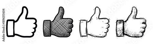 Four hand-drawn thumbs up like icons in a set of various sketch styles including outline, crosshatch, and doodle for showing approval or agreement