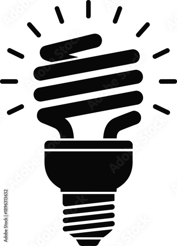 Energy saving light bulb icon with glow rays representing compact fluorescent lamp, eco friendly lighting, electricity efficiency, innovation, and sustainable power concept on white background