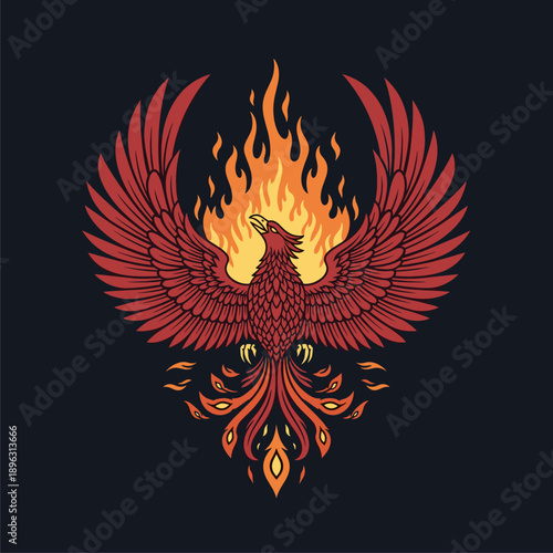 Vivid Phoenix Fire Bird Emblem with Spread Wings and Intense Flames, Symbol of Rebirth and Strength