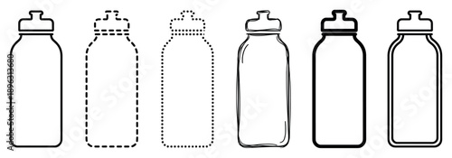 Set of six reusable water bottle icons with various outline styles including solid, dashed, dotted, and hand-drawn for fitness and hydration concepts